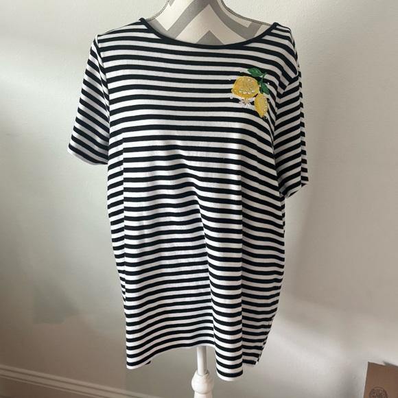 Quacker Factory Tops - Womens Quacker Factory Women’s 1X Striped Lemon Embroidered Tee